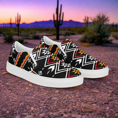 Women’s Southwest Print, Custom Slip-on Canvas Shoes, Native American Geometric Pattern, Condios