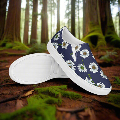 Women’s Custom Slip-on Canvas Shoes, Floral Print, White Daisies on Navy Blue Canvas