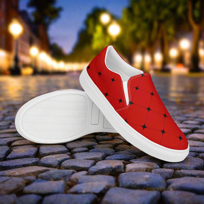 Women’s Designer Slip-on Canvas Shoes, Red with Black Diamond Pattern