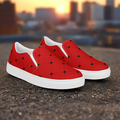 Women’s Designer Slip-on Canvas Shoes, Red with Black Diamond Pattern
