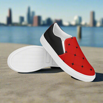 Women’s Asian Pattern, Designer Slip-on Canvas Shoes, Red with Black Diamond Print, Halftone