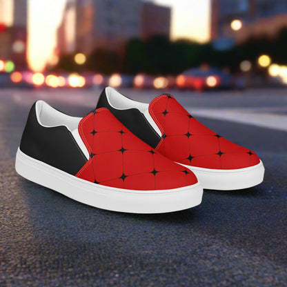 Women’s Asian Pattern, Designer Slip-on Canvas Shoes, Red with Black Diamond Print, Halftone