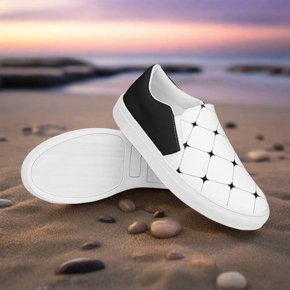 Women’s Custom, Slip-on Canvas Shoes, White with Black Diamond Geometric Pattern, Halftone