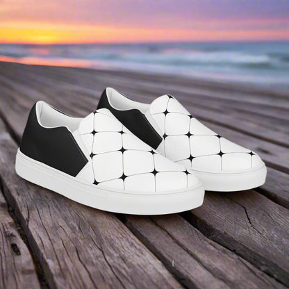 Women’s Custom, Slip-on Canvas Shoes, White with Black Diamond Geometric Pattern, Halftone