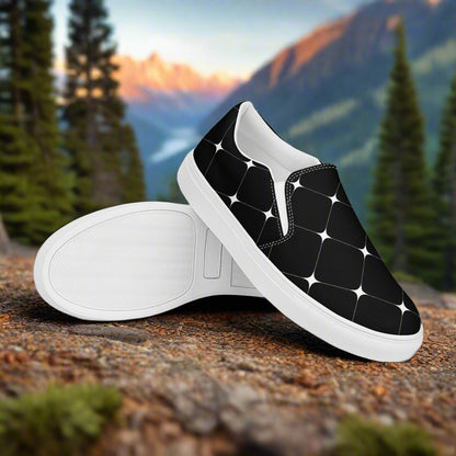 Women’s Custom Designer, Slip-on Canvas Shoes, Black with White Diamond Pattern