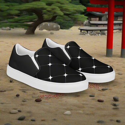 Women’s Designer, Slip-on Canvas Shoes, Black with White Diamond Print, Two Tone Geometric Pattern