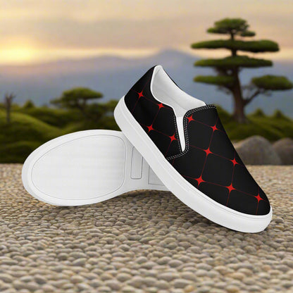 Women’s Asian Print, Slip-on Canvas Shoes, Japanese Geometric Diamond Pattern, Crimson Diamond