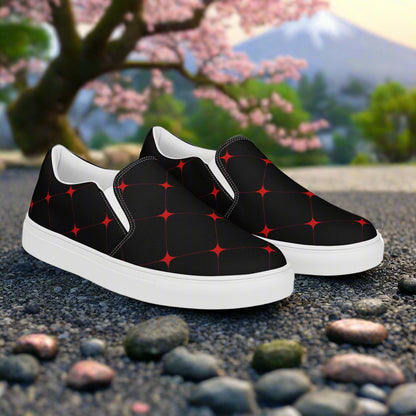 Women’s Asian Print, Slip-on Canvas Shoes, Japanese Geometric Diamond Pattern, Crimson Diamond