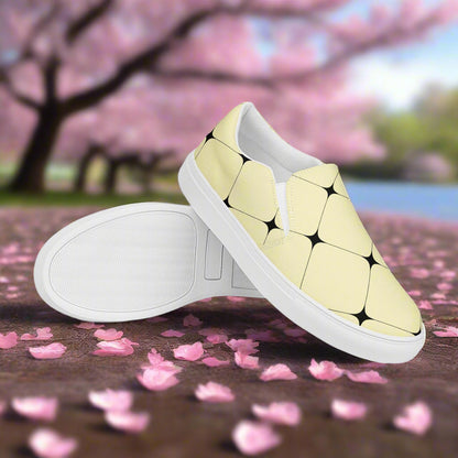 Women’s Custom Designer, Slip-on Canvas Shoes, Pastel Yellow with Black Diamond Pattern