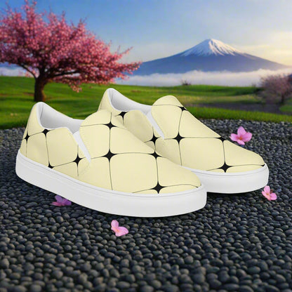 Women’s Custom Designer, Slip-on Canvas Shoes, Pastel Yellow with Black Diamond Pattern