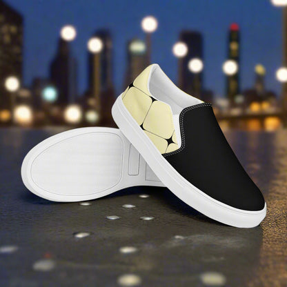 Women’s Custom Designer, Slip-on Canvas Shoes, Pastel Yellow with Black Diamond Pattern, Two-Tone