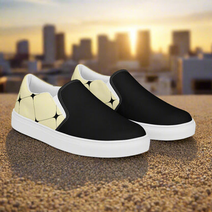 Women’s Custom Designer, Slip-on Canvas Shoes, Pastel Yellow with Black Diamond Pattern, Two-Tone
