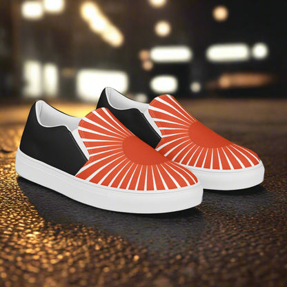 Women’s Custom, Slip-on Canvas Sneakers, Asian Print, Japanese Rising Sun, Halftone