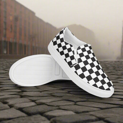 Women’s Custom Slip-on Canvas Shoes, Black Checkered Pattern on White Canvas