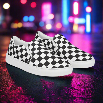 Women’s Custom Slip-on Canvas Shoes, Black Checkered Pattern on White Canvas