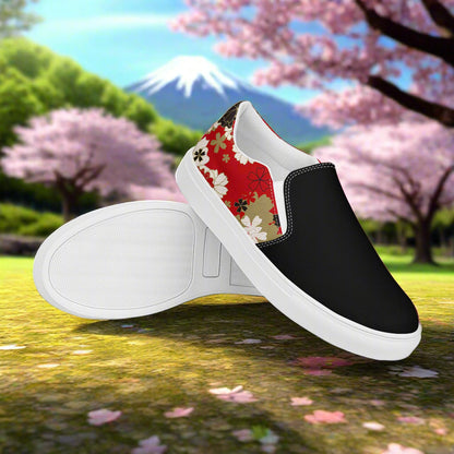 Women’s Designer, Slip-on Canvas Shoes, Asian Floral Print, Black Lotus, Two-Tone