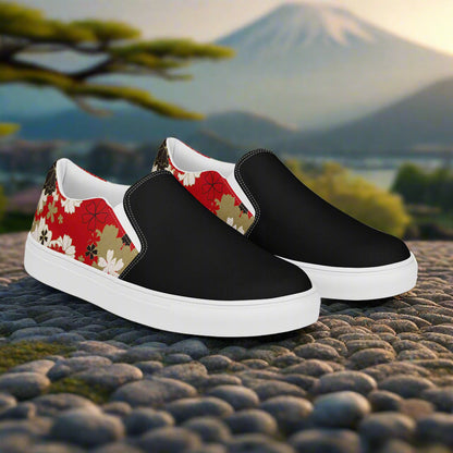 Women’s Designer, Slip-on Canvas Shoes, Asian Floral Print, Black Lotus, Two-Tone