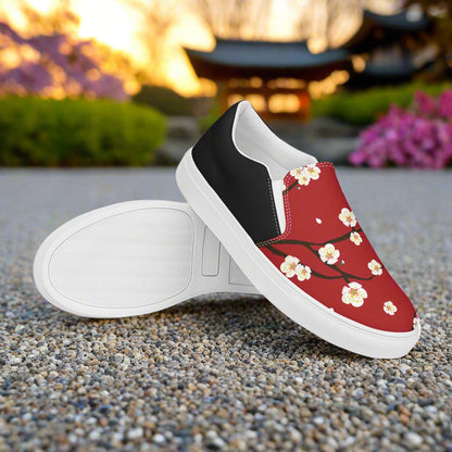 Women’s Custom, Asian Floral Print, Slip-on Canvas Shoes, Red Cherry Blossom, Halftone