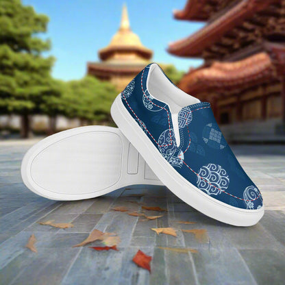 Women’s Custom Asian Print, Slip-on Canvas Shoes, Blue with White Japanese Crests Pattern