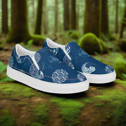 Women’s Custom Asian Print, Slip-on Canvas Shoes, Blue with White Japanese Crests Pattern
