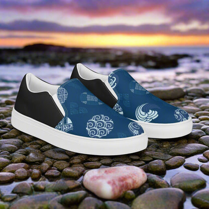 Women’s Custom Asian Print, Slip-on Canvas Shoes, Blue with White Pattern Japanese Seals, Two Tone