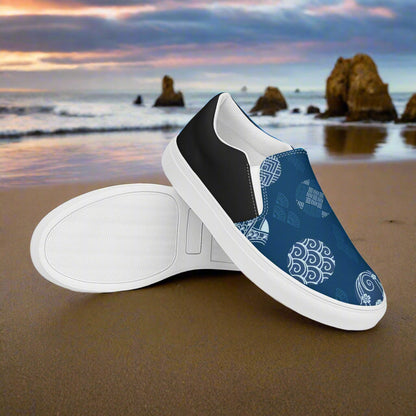 Women’s Custom Asian Print, Slip-on Canvas Shoes, Blue with White Pattern Japanese Seals, Two Tone
