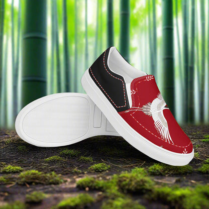 Women’s Custom, Asian Animal Print, Slip-on Canvas Shoes, Red with White Flying Cranes, Halftone