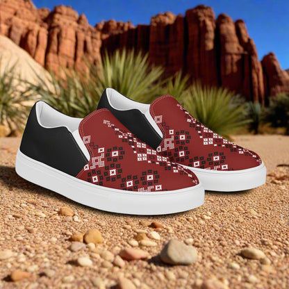 Women’s Southwest Print, Slip-on Canvas Shoes, Native American, Geometric Pattern, Red Mesa Halftone