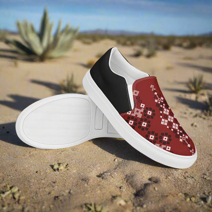 Women’s Southwest Print, Slip-on Canvas Shoes, Native American, Geometric Pattern, Red Mesa Halftone