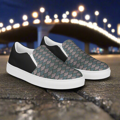 Women’s Custom, Asian Print, Slip-on Canvas Shoes, Japanese Sea Waves Pattern, Halftone