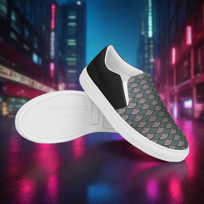 Women’s Custom, Asian Print, Slip-on Canvas Shoes, Japanese Sea Waves Pattern, Halftone