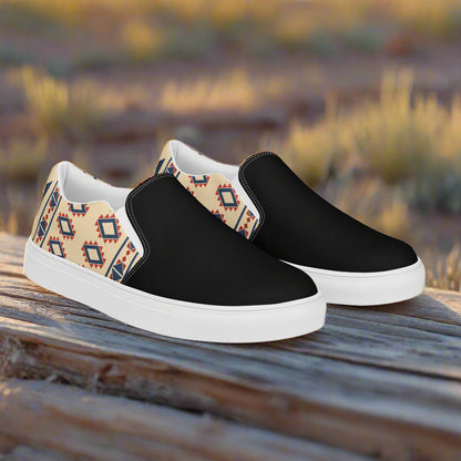 Women’s Southwest Print, Custom Slip-on Canvas Shoes, Beige with Native American Geometric Pattern, Desert Sol, Two-Tone
