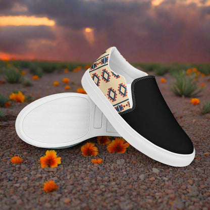 Women’s Southwest Print, Custom Slip-on Canvas Shoes, Beige with Native American Geometric Pattern, Desert Sol, Two-Tone