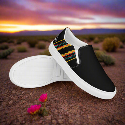 Women’s Southwest Print, Custom Slip-on Canvas Shoes, Native American Geometric Pattern, Hualipai, Two-Tone