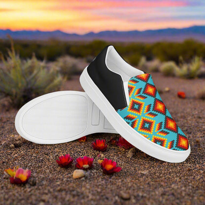 Women’s Southwest Print, Slip-on Canvas Shoes, Turquoise with Orange Native American, Geometric Pattern, Huichol, Halftone