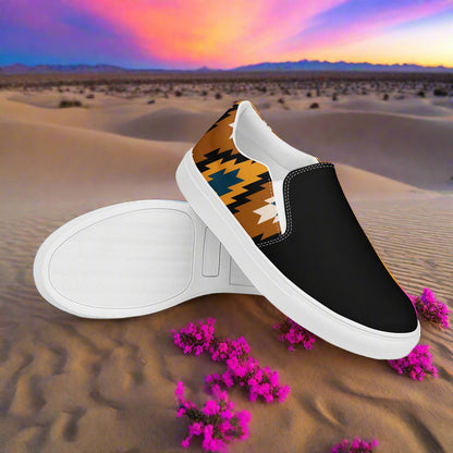 Women’s Southwest Print, Slip-on Canvas Shoes, Native American, Geometric Pattern, Pueblo Two-Tone