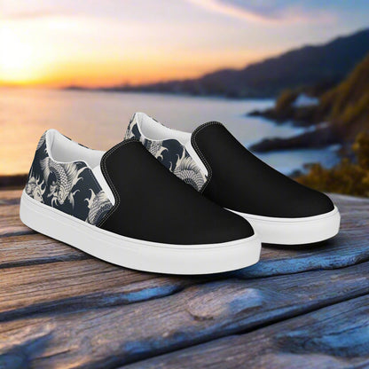 Women’s Designer, Slip-on Canvas Shoes, Black with White Koi Swimming, Asian Print, Two-Tone