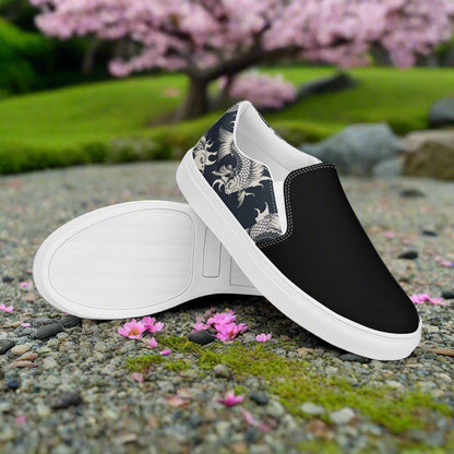 Women’s Designer, Slip-on Canvas Shoes, Black with White Koi Swimming, Asian Print, Two-Tone