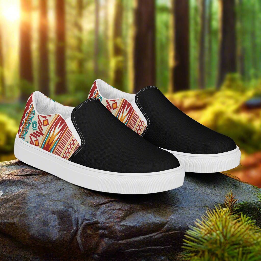 Women’s Southwest Print, Slip-on Canvas Shoes, Native American, Geometric Pattern, Nogales Two-Tone