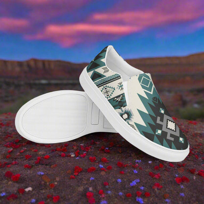 Women’s Southwest Print, Slip-on Canvas Shoes, Native American, Geometric Pattern, Green on White canvas