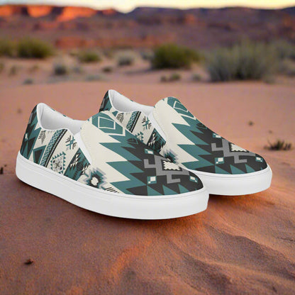 Women’s Southwest Print, Slip-on Canvas Shoes, Native American, Geometric Pattern, Green on White canvas