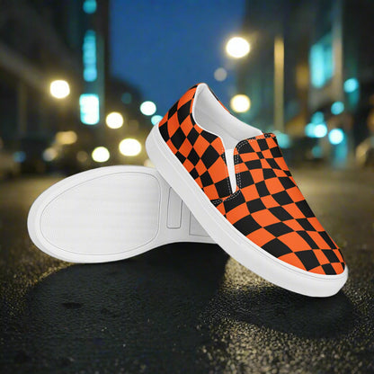 Women’s Custom Streetwear Style Designer Slip-On Canvas Sneakers, Orange and Black Checkered Pattern