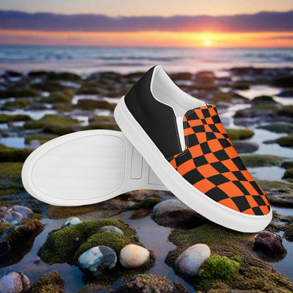 Women’s Custom Designer Slip-On Canvas Sneakers, Orange & Black Checkered, Halftone