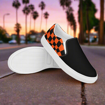 Women’s Custom Streetwear Style Designer Slip-On Canvas Sneakers, Orange and Black Checkered Two-Tone