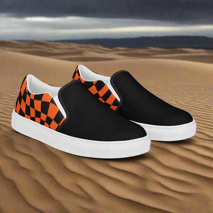 Women’s Custom Streetwear Style Designer Slip-On Canvas Sneakers, Orange and Black Checkered Two-Tone