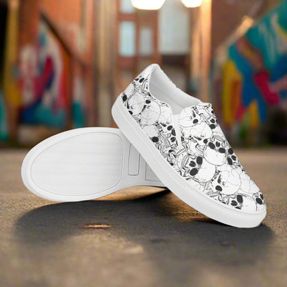 Women’s Custom Streetwear Style Designer Slip-On Canvas Sneakers, White with black line Skulls 