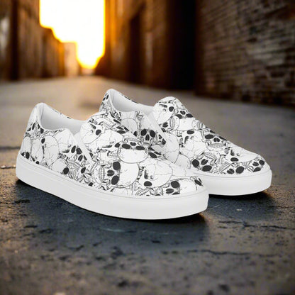 Women’s Custom Streetwear Style Designer Slip-On Canvas Sneakers, White with black line Skulls 