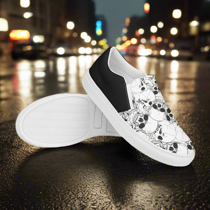 Women’s Custom Streetwear Style Designer Slip-On Canvas Sneakers, White With Black Line Skulls Halftone
