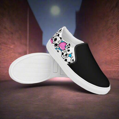 Women’s Custom Slip-on Canvas Shoes,  Streetwear Styled, Pink Heart and Skulls Print Two-Tone