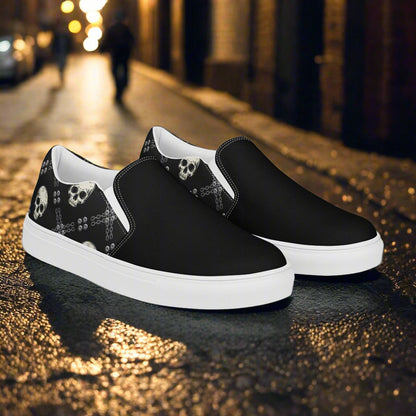 Women’s Custom Slip-on Canvas Shoes, Black Skull Print Sneakers, Two-Tone